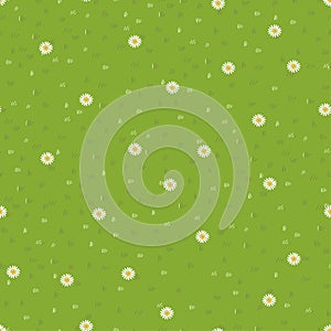 Lawn grass,daisy seamless background,Vector cartoon nature green exture,Cute white flower,meadow in spring field,Pattern summer