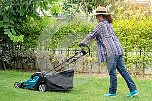 Lawn mover machine cut green grass, Hobby planting home garden