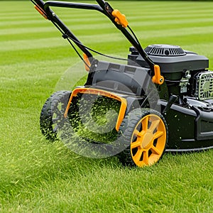 Lawn Mower Actively Cutting Grass with Ejection at Rear