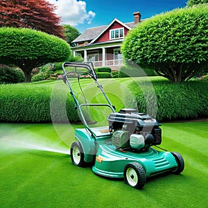 lawn mower is being used to mow