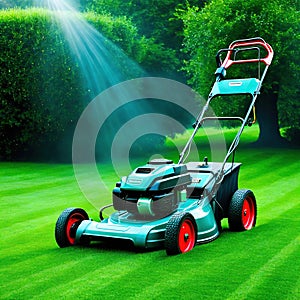 lawn mower is being used to mow