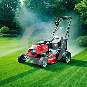 lawn mower is being used to mow