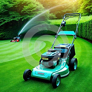 lawn mower is being used to mow