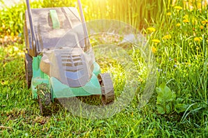 Lawn mower cutting green grass in backyard