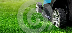 lawn mower cutting green grass. copy space