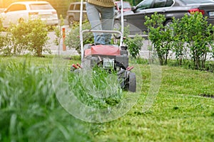 Lawn mower cutting green grass, gardener with lawnmower working