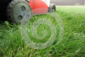 Lawn mower cutting green grass low angle shot with selective focus