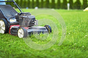 Lawn mower cutting green grass in sunlight