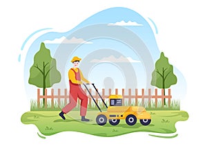 Lawn Mower Cutting Green Grass, Trimming and Care on Page or Garden in Flat Cartoon Illustration