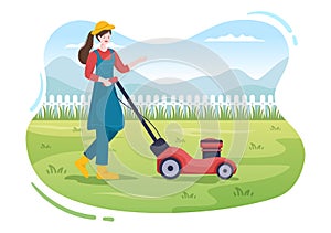 Lawn Mower Cutting Green Grass, Trimming and Care on Page or Garden in Flat Cartoon Illustration