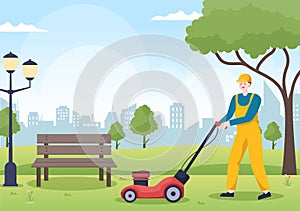 Lawn Mower Cutting Green Grass, Trimming and Care on Page or Garden in Flat Cartoon Illustration