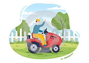 Lawn Mower Cutting Green Grass, Trimming and Care on Page or Garden in Flat Cartoon Illustration