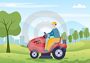 Lawn Mower Cutting Green Grass, Trimming and Care on Page or Garden in Flat Cartoon Illustration