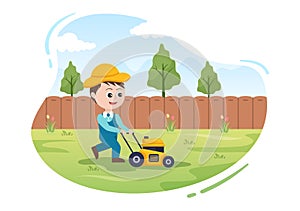 Lawn Mower Cutting Green Grass, Trimming and Care on Page or Garden in Flat Cute Cartoon Illustration