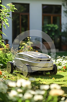 A lawn mower in front of a large house