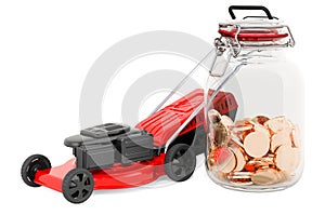 Lawn mower with glass jar full of golden coins, 3D rendering