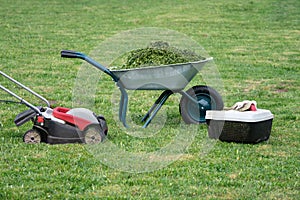 Lawn mower, grass container and a garden wheelbarrow full of trimmed grass on the mowed lawn