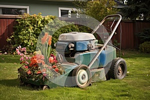 lawn mower grass near flower bed