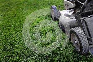 Lawn Mower on Grass Preparing to Mow photo
