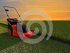 Lawn mower on green field