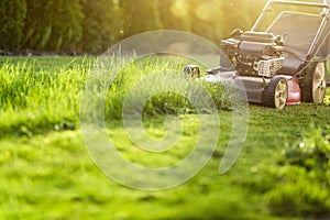 Lawn mower on green grass