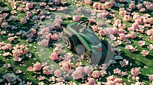 Lawn mower on green grass, pink flowers and petals, gardening and garden care concept. Generative AI