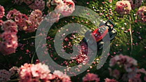 Lawn mower on green grass with of sakura petals, spring garden abstract background. Generative AI