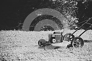 Lawn mower on green grass on sunny day in natural background