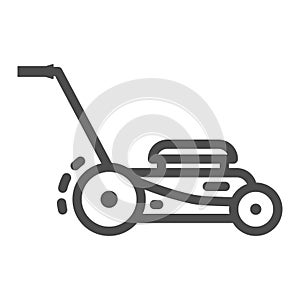 Lawn mower line icon, Garden and gardening concept, lawnmower sign on white background, lawn mower icon in outline style