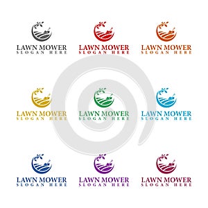 Lawn Mower Logo Template icon isolated on white background. Set icons colorful