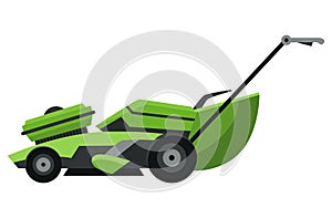 Lawn mower machine in green color. Trimming, pruning and cutting grass electric or petrol mower work tool for garden