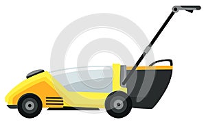 Lawn mower machine in green color. Trimming, pruning and cutting grass electric or petrol mower work tool for garden