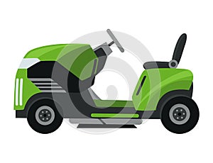 Lawn mower machine in green color. Trimming, pruning and cutting grass electric or petrol mower work tool for garden