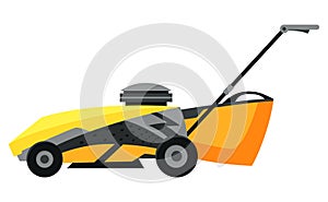 Lawn mower machine in green color. Trimming, pruning and cutting grass electric or petrol mower work tool for garden