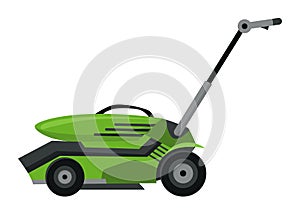 Lawn mower machine in green color. Trimming, pruning and cutting grass electric or petrol mower work tool for garden