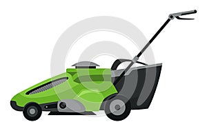 Lawn mower machine in green color. Trimming, pruning and cutting grass electric or petrol mower work tool for garden