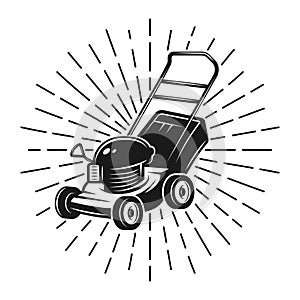 Lawn mower with rays in vintage style on white