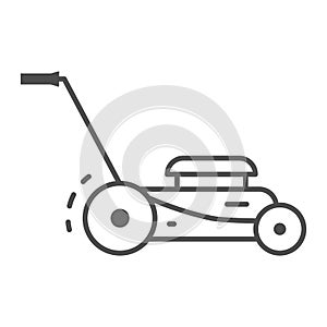 Lawn mower thin line icon, Garden and gardening concept, lawnmower sign on white background, lawn mower icon in outline