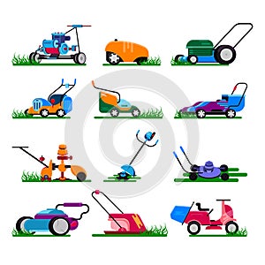 Lawn mower vector gardening lawnmower electric equipment machine and garden mowing trimmer illustration machinery set of