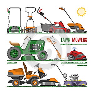 Lawn mower vector gardening lawnmower equipment mowing cutter tool illustration set of mower-engine machine grass-cutter