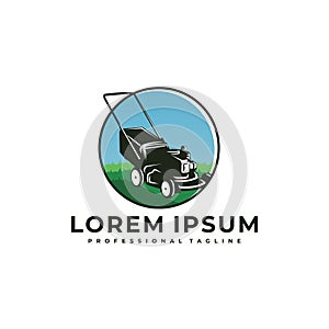 Lawn mower vector Illustration for garden agriculture landscaping business service Logo template . rounded outdoor gardening care