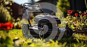 Lawn mower at work with yard on grass. A lawn mower sitting in the middle of a garden