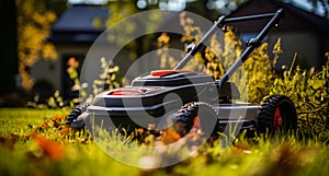 Lawn mower at work with yard on grass. A lawn mower sitting in the middle of the grass