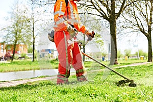 Lawn mower worker man cutting grass