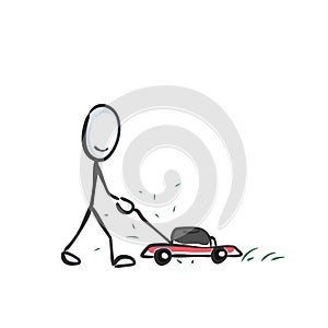 Lawn mowing by grasshopper. Shortening grass in garden. Hand drawn. Stickman cartoon. Doodle sketch, Vector graphic illustration photo