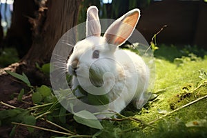 Lawn muncher white rabbit feasts gracefully on the lush greenery