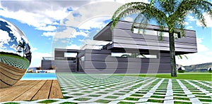 Lawn pavement around the contemporary country house with swimming pool. Steel ball is on the deck. 3d rendering