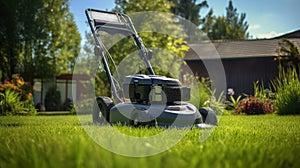 Lawn robot mows the lawn. Robotic Lawn Mower cutting grass.