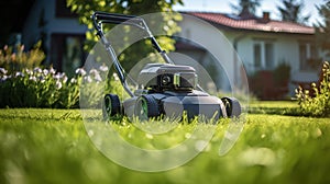 Lawn robot mows the lawn. Robotic Lawn Mower cutting grass
