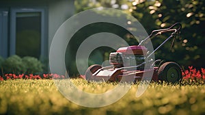 Lawn robot mows the lawn. Robotic Lawn Mower cutting grass